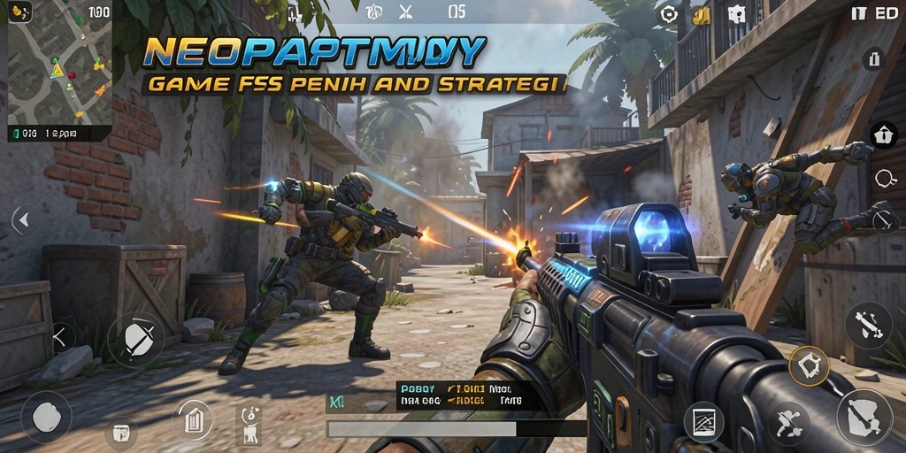 Screenshot gameplay NEOPARTY yang menampilkan aksi FPS yang intens.